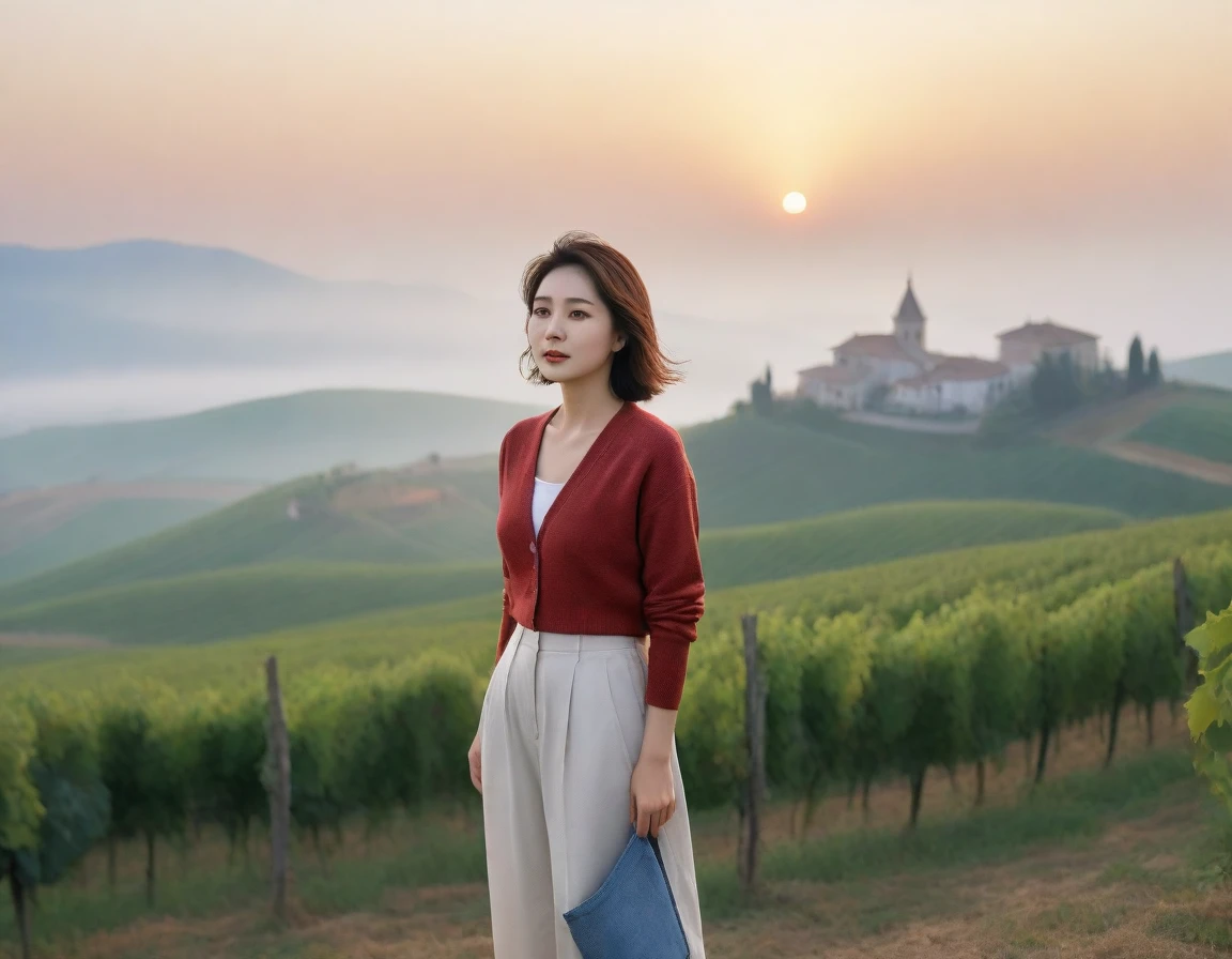 k Best picture quality, Beautiful 36-year-old Korean woman, short and good weather. Chest size 34 inches, dense fog at dawn in the italian countryside, Past the vineyards, a cathedral can be seen through the fog on a hill in the distance., Red sunrise scene, Back background realistic and vivid image quality, Short and medium hair blowing in the wind, Wearing comfortable travel clothes, casual pants and a cardigan., Faint smile. The background is clear, Short and slim Korean woman, Standing in the distance, photographed with a wide-angle lens, full body shot