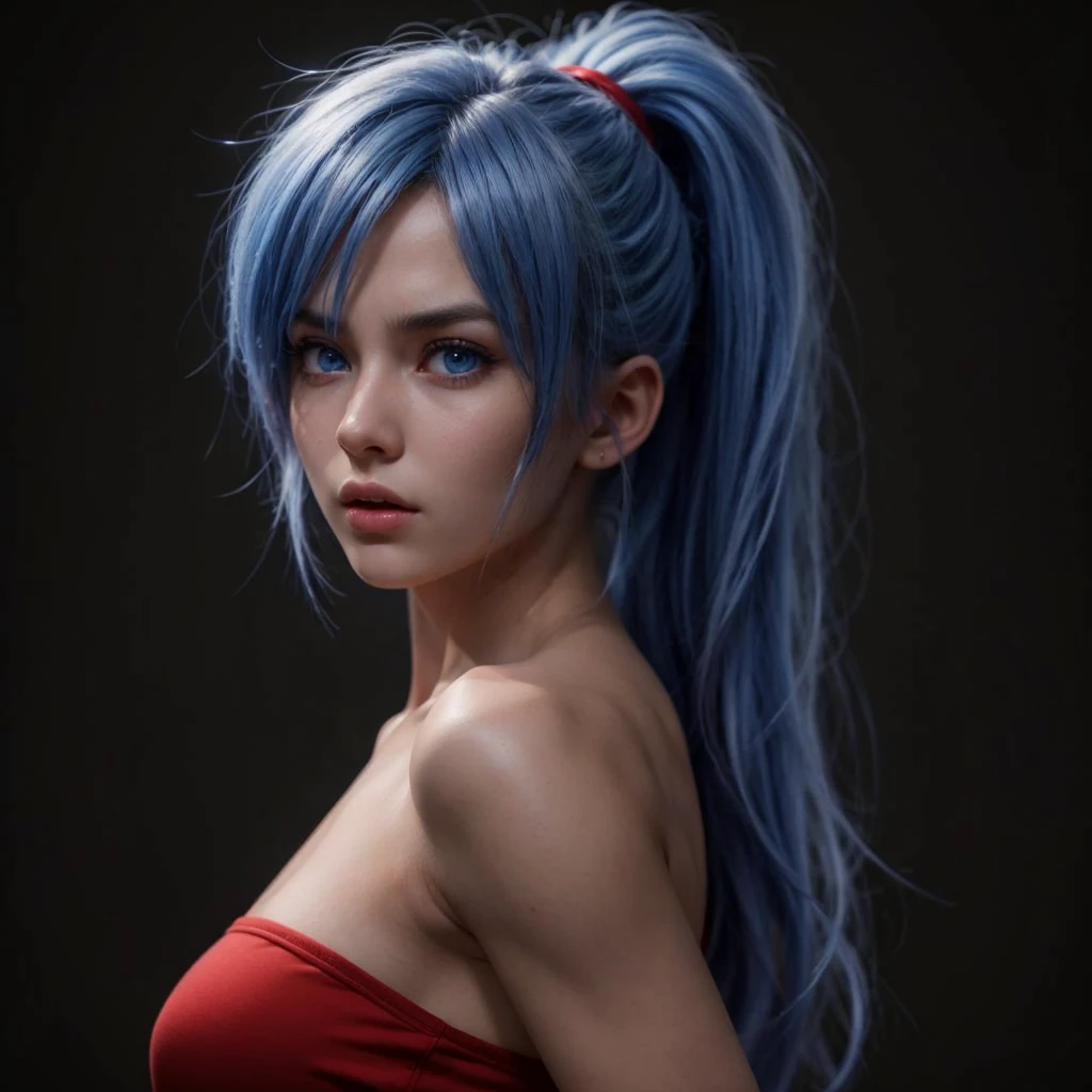 Bulma, blue eyes, highly detailed, incredibly realistic, perfect face and body, spiked hair, determined expression, dynamic pose, photorealistic, 8k, hyperrealistic, cinematic lighting, dramatic shadows, vibrant colors, masterpiece.