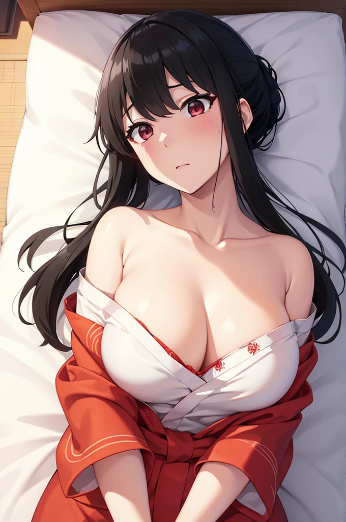 Highest quality、Best image quality、Ultra-high resolution、Ultra-high resolutionで描画、Red yukata、Lie face up on the futon、Disheveled yukata、Unraveled Strip、Sweat、The clavicle is visible、Big Breasts、、Bright red yukata、White underwear、Beautiful black hair、Mouth open、Light eyes、Yawn、Red eyes、Long Hair、looking at the camera、Eye highlights