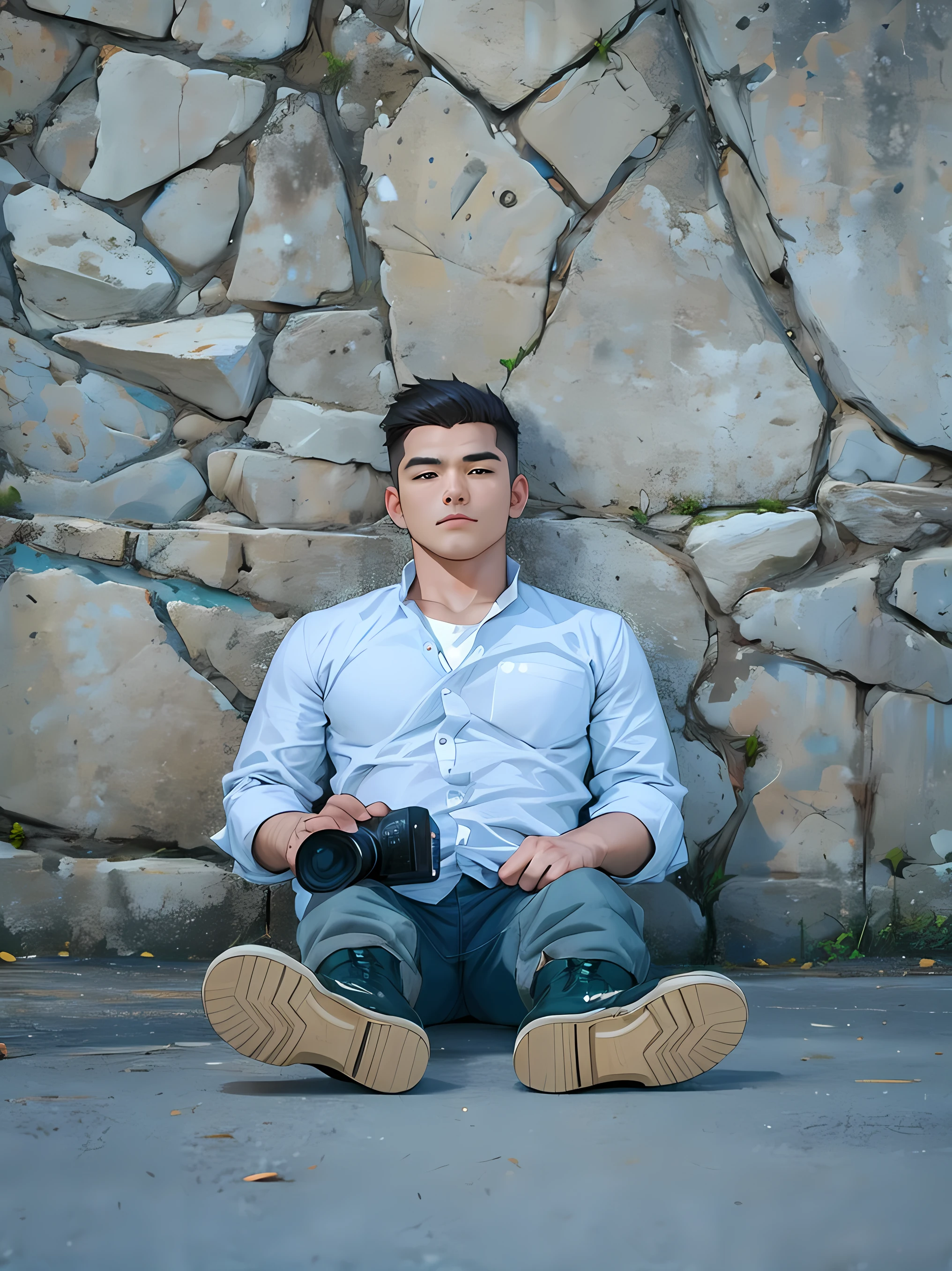 (Best quality,A high resolution,Ultra-detailed,Realistic:1.2),2024 photographer, sitting, wearing boots（promotional poster）。