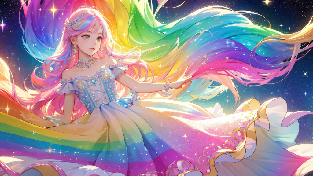 high quality,masterpiece,Delicate facial features,Delicate hair,Delicate eyes,((pretty girl)),(colorful),Flowing colorful auspicious clouds,colorful hair,colorful dress,(There are highlights in the hair),((Tiny pearly hairs,Sparkle and shine)),colorful,Painted in various colors,colorful rainbow,Beautiful CG,Delicate and beautiful features,Gorgeous highlights,Crystal Clear,((Shining Sparkle)),perfection,Dreams are magical,colorful floating clouds,Sequin trim on outer corner(Delicate expression)(Drawing thin hair)(最high quality)(マスターのmasterpiece)(High degree of perfection)(atmosphere)8k wallpaper,masterpiece,The best quality in the best condition,Very detailed(bust)