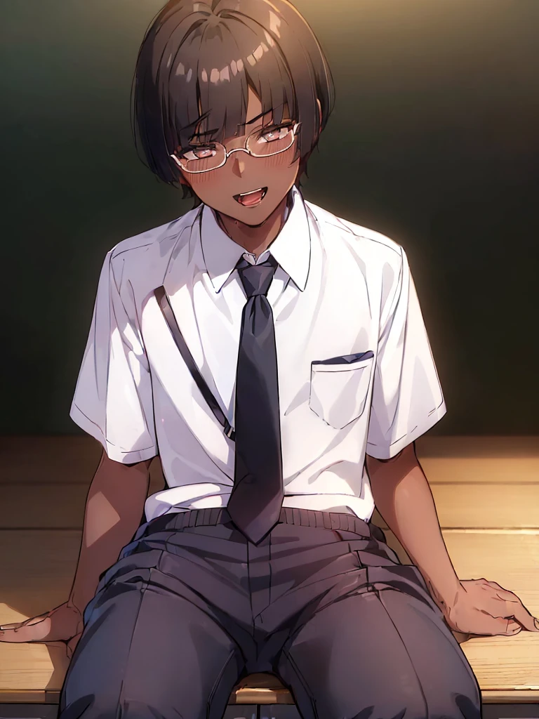 (1 feminine boy solo:1.7),(dark skin:1.5),(masterpiece:1.2), highest quality, High resolution, unity 8k wallpaper, (fine and beautiful eyes:1.6), highly detailed face, perfect lighting, Detailed CG, (perfect hands, perfect anatomy),20 years old, (black hair:1.3), detailed eyes, best quality, extremely detailed, very precise detailed, (glasses:1.4)white eyes, (blunt bangs:1.5), (open mouth:1.2), (short hair:1.5), (evil smile:1.4), , (white eyes:1.5) ,long sidelocks, (blush:1.3),(sit on desk:1.3),(Put left knee in front:1.5),(boy's school uniform long pant:1.5),(loosen necktie:1.2),spread legs,bend knee,(open shirt:1.3),