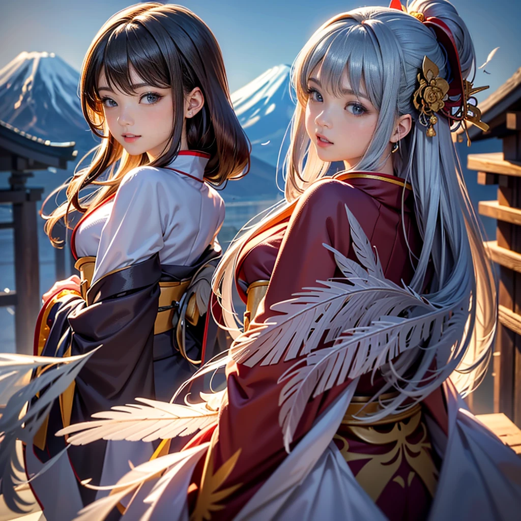 ((8K, RAW Photos, Highest quality, masterpiece)),((Showing the kimono from the obi up:1.5)), High-resolution RAW color photos、
Professional close-up photography, (Realistic, フォトrealism: 1.37),
(Highest quality), (Best Shadow), (Best illustrations),
High-quality images、Skin Radiance、Texture of skin and clothing、
Expression of fine eyes、Shiny Hair,Long Hair Girl, Manga inspired by Lee Jong-suk,
Trending on deviantart, realism, detailed manga style, Manga art style,
Perfect Line Drawing, Beautiful line art, digital manga art girl, K-POPアイドル,
Beautiful brown eyes, Fuller lips, Gorgeous face with attention to detail,
(Cute Smile), attractive, Innocent, (Perfectly detailed face),
(Detailed and carefully drawn hand) Photorealistic images, Written boundary depth,
(Japanese style princess cut hairstyle:1.5),
best quality, masterpiece, New Year,
((Kimono with strikingly beautiful colorful colors, red, Silver, gold:1.7)),
Three Japanese high-school cute girls, ((looking straight:1.7)),
gently smiling,
((upper arms hidden by clothes and hair:1.5)),
(innocent and pure high-school-girls:1.7)
((white short scarf:1.2)), ((white feather shawl:1.2)),
(separately side by side:1.5),
shrine background, (mount Fuji:1.3), ((snow))
winter(season), (outdoors:1.5)