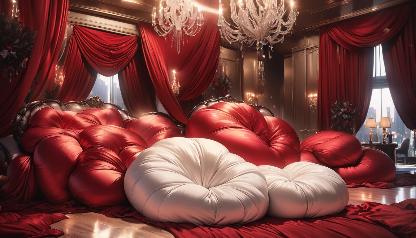 A fluffy red silk feather duvet, many huge silk body pillows, a luxurious and fluffy red silk bed, red silk sheets, 8k, best quality, high detailed, photorealistic, dramatic lighting, warm tones, luxurious, soft, plush, velvet, satin, velvety textures, elegant, sophisticated, premium, lavish, opulent, sumptuous, indulgent, exquisite, refined, lush,