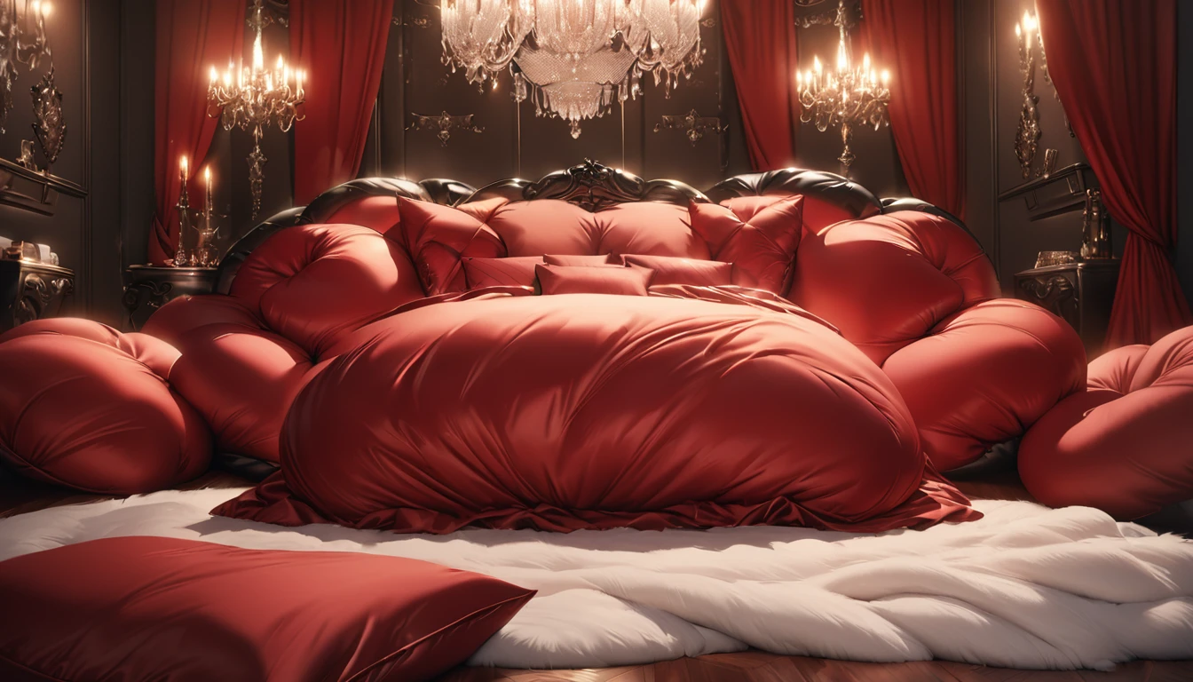 A fluffy red silk feather duvet, many huge silk body pillows, a luxurious and fluffy red silk bed, red silk sheets, 8k, best quality, high detailed, photorealistic, dramatic lighting, warm tones, luxurious, soft, plush, velvet, satin, velvety textures, elegant, sophisticated, premium, lavish, opulent, sumptuous, indulgent, exquisite, refined, lush, 