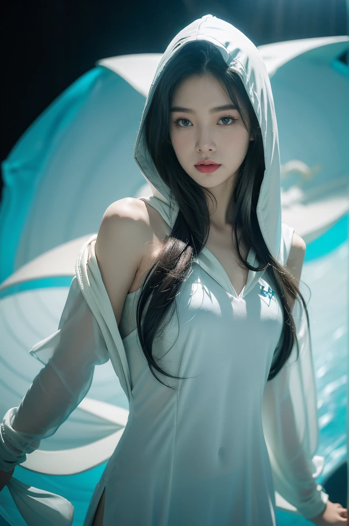 (((best quality))),(((ultra detailed))),(((masterpiece))),illustration,(1 beautiful girl,shark girl,solo),((slim,thin,small breasts,flat chest)),aquarium,summer night,(sleek sharkhead-hooded shirt-dress:1.3),shimmering hues,enchanting aura,(shoulder length straight bob hair:1.2),ocean-blue locks,shiny seaweed,porcelain skin,neon lights,emerald eyes,sharp gaze,delicate shark fin,translucent membrane,dancing fish,vibrant colors,undulating water,salty scent,distant waves,coral reef,gentle shadows,serene ambiance,electric atmosphere,Alezandra,oceanic magic,allure,enchantment,vision,extraordinary presence,((from front,upper body))