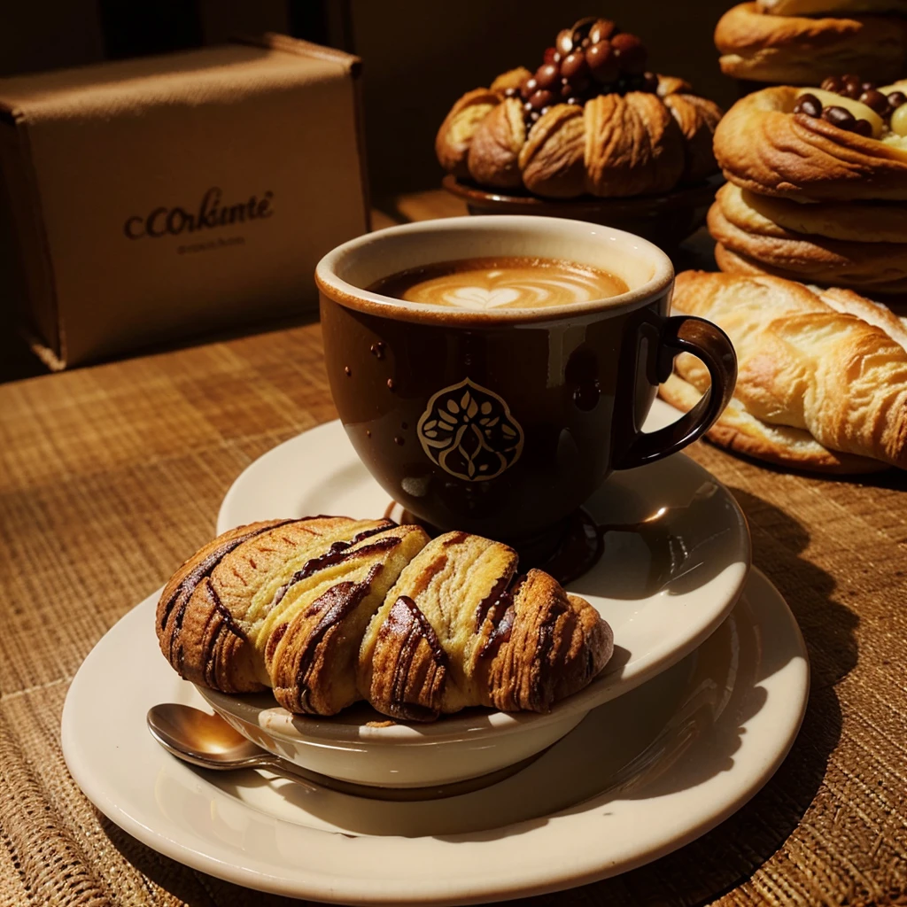A close-up shot of an artisanal coffee cup with intricate latte art, surrounded by coffee beans and a small plate of freshly baked pastries."