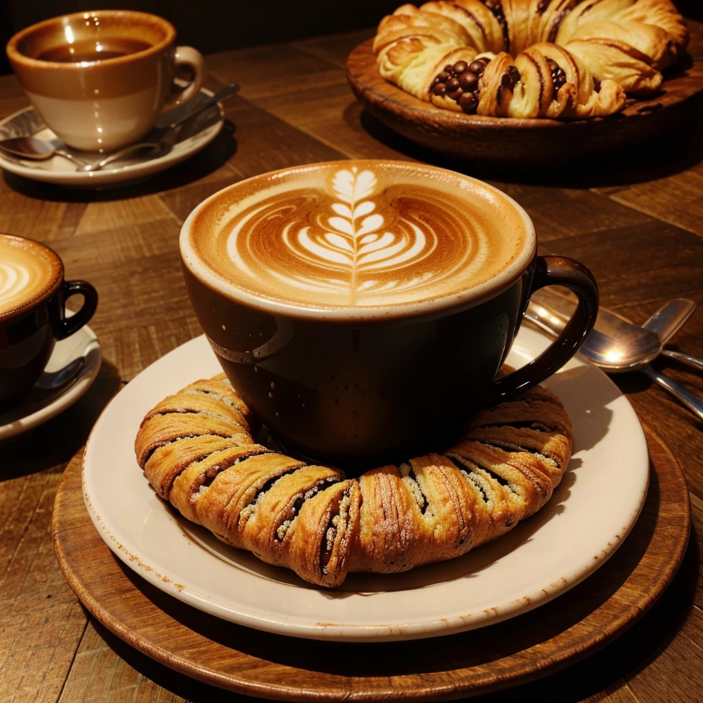 A close-up shot of an artisanal coffee cup with intricate latte art, surrounded by coffee beans and a small plate of freshly baked pastries."