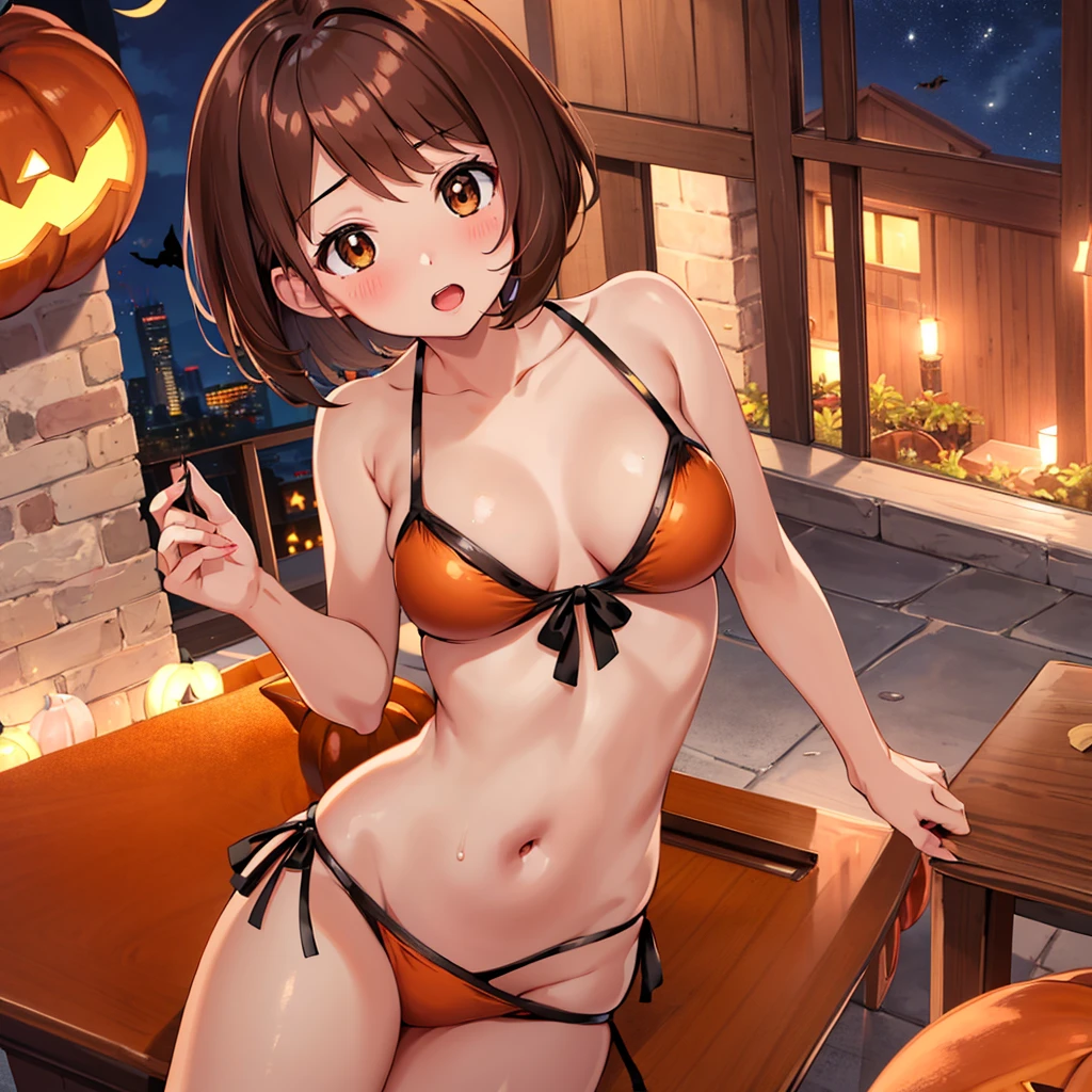 masterpiece, Highest quality, High resolution, Gloria1, 1 Girl, Gloria\(Pokémon\), Brown Hair, , Brown Eyes, , Short Hair, , Bobcut, bangs, , 1Describe a girl carefully 1Girl Expression in love blush Open Mouth blush pumpkin Sexy Pumpkin Bikini Halloween In town