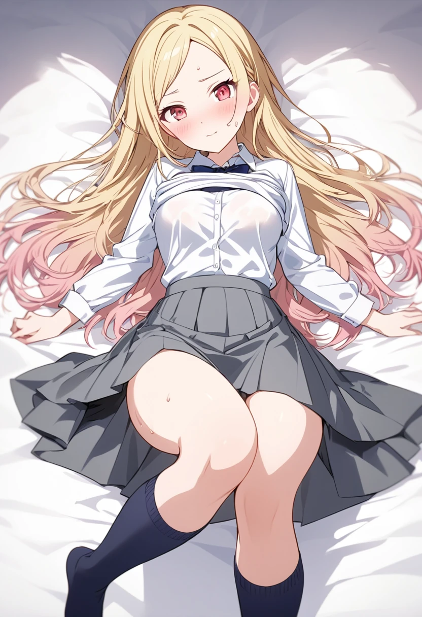 Generate an image of Honami Mochizuki from Project Sekai. She is a high school student with long, straight hair in a blonde color.,with a slight curl. Her side hair is shorter and also slightly curled. She has straight-cut bangs, that frame her forehead. Often, has big, gentle red eyes and a warm, friendly expression. blunt bangs,nsfw,steam,medium breasts,sweat,1girl,Gradient with pink tips,close to viewer, lie on one’s back,full body,gray skirt,navy highsox, shirt formal,shirt lift