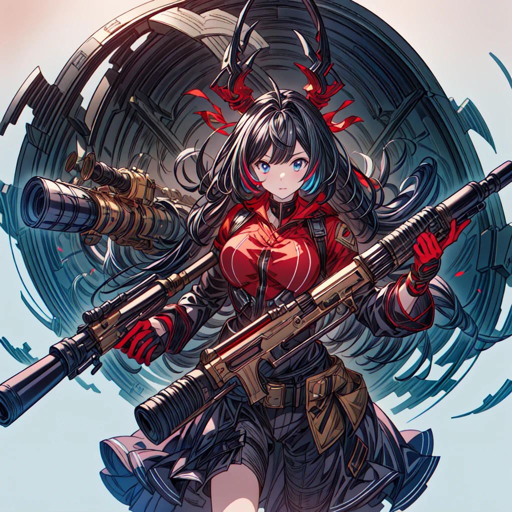 One girl、Dynamic configuration、[17277fbe68],threatened hideo、high quality、Maximum details、(((最high quality、最高masterpiece、Official Art、最高のDynamic configuration)))、(Thin Hair)、(Tabletop, 最high quality), Very detailed, Anime Style, Concept Art、whole body, (masterpiece), 最high quality, Fantasy art,whole body、masterpiece、最high quality、(colorful)、（Beautifully detailed eyes and face）、Cinema Lighting、Extremely detailed CG、Super huge、whole body、wallpaper、Uniforms with weapons in Wonderland, (((Everybody wears black and red ))), Ammunition belt, gun, machine gun, gatling gun, hand gun,weapons,Barren Land、White Background、