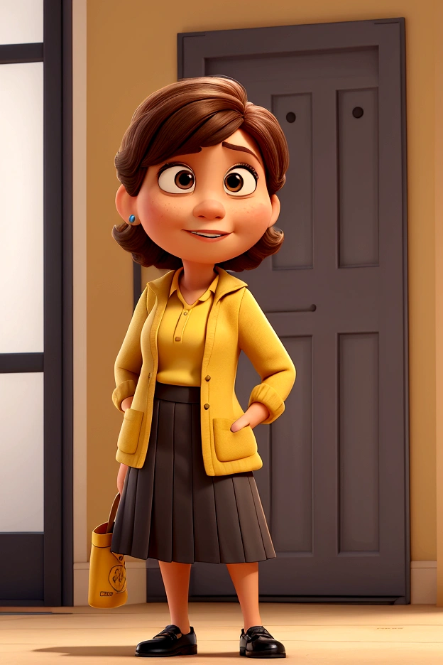 A photo of Ligia Travensolo, a Disney Pixar 3d style character, based on the movie Inside Out, she is short, is a older woman, is a french teacher, has light skin and shoulder-length dark brown hair, and brown eyes. She is wearing a black blazer over a mustard yellow top, paired with a grey skirt and black tights and low heel black shoes. Looking at the camera.