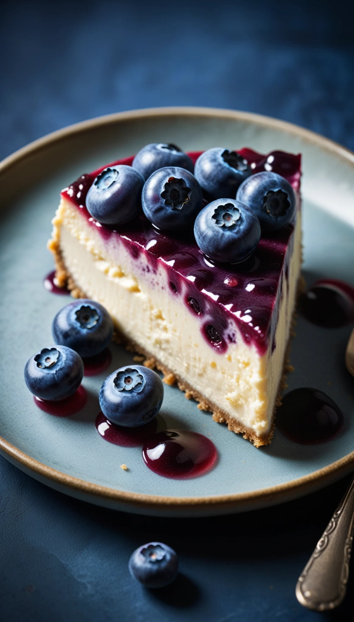 Documentary RAW Photography,a Blueberry Cheesecake, highlighting its exquisite, lacy texture and impeccable balance. The composition should evoke an irresistible urge to taste, with every detail crafted to inspire both amateur and seasoned cooks, (sharpness in detail:1.1), masterpiece, 35mm photograph, (iconic photograph:1.4), (visual storytelling:1.2), film grain, award winning photography,vibrant use of light and shadow, high quality textures of materials, volumetric textures perfect composition, dynamic play of light, rich colors, epic shot, perfectly quality, natural textures,high detail, photoshadow, (natural colors, correct white balance, color correction, dehaze),(intricate detailed), 8k