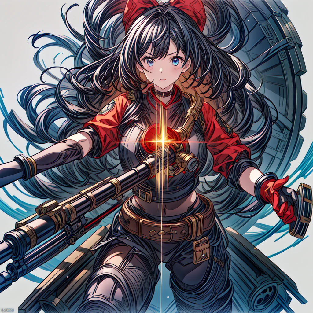 One girl、Dynamic configuration、[17277fbe68],threatened hideo、high quality、Maximum details、(((最high quality、最高masterpiece、Official Art、最高のDynamic configuration)))、(Thin Hair)、(Tabletop, 最high quality), Very detailed, Anime Style, Concept Art、whole body, (masterpiece), 最high quality, Fantasy art,whole body、masterpiece、最high quality、(colorful)、（Beautifully detailed eyes and face）、Cinema Lighting、Extremely detailed CG、Super huge、whole body、wallpaper、Uniforms with weapons in Wonderland, (((Everybody wears black and red ))), Ammunition belt, gun, machine gun, gatling gun, hand gun,weapons,Barren Land、White Background、