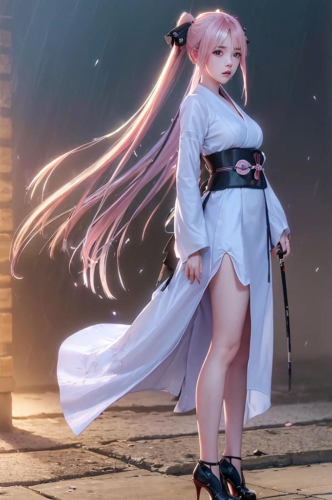 ((Biologically correct limb count)),(( From head to toe,Full-body photo including face)),4K,((Standing position)),masterpiece,((Focus on the face)),((Symmetrical facial features)),Eyes with detailed description,Beautiful woman,Great style,Beautiful arms,Beautiful feet,Beautiful Hands,(Small Ass,Thin thighs),Facial details,((High heels,Patterned stockings),Realistic photos,blue eyes, hair ornaments, Hair Ribbon,Random color see-through kunoichi costume、Japanese see-through female samurai costume、See-through female ninja costume,, Open clothes, Collared dress emphasizes cleavage、胸の谷間のSweat is noticeable、Professional lighting light reflection、 looking at viewer, (masterpiece:1.2), Highest quality, High resolution, unity 8k wallpaper, (figure:0.8), (Beautiful fine details:1.6), Highly detailed face, Perfect lighting, Highly detailed CG, (Perfect hands, Perfect Anatomy),heavy rain、heavy rainで全身びしょ濡れ、heavy rainで全身びしょ濡れの服、High heels、 ((Perfect handsの形))、(Perfect foot shape、Embarrassed expression、blush、Gestures to seduce a man、Shining Sweat、Perfect Skin,Sweat is noticeable、太もものSweat is noticeable、 Fair skin,Tight waist, Sweating profusely、Sweaty hair、Sweaty clothes、Sweaty、Visible sweat、rain-wet hair、A vast Western church with stained glass windows、Holding a Japanese sword、Athlete System、cherry blossoms、Blonde、Silver Hair