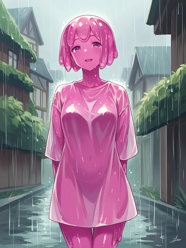 score_9, score_8_up, score_7_up, score_6_up, score_5_up, score_4_up, source_anime, slime girl, pink skin, translucent purple (raincoat:1.1), hands behind back, tilted forward, playful, happy, wet, outside, rural town, heavy rain, (raining:1.1), wind, cowboy shot, humanoid, solo, detailed, beautiful