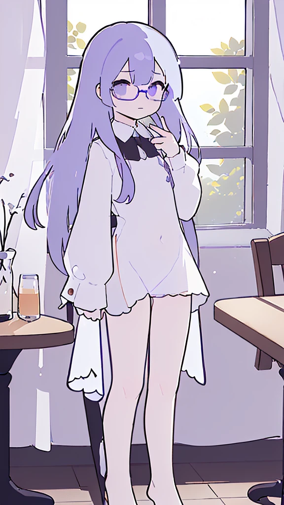 (flat:1.5),(cafe, window, sunlight, table, chair, sedentary:1.5) (BIG , thick thighs:0.7), (warm light source:1.2), intricate details, volumetric lighting, Realism BREAK(masterpiece:1.2), (top quality), 4K, ultra detail, (Dynamic configuration:1.4), Very detailed and colorful details,(rainbow colors:1.2), (shining lights, atmospheric lighting), dreamy, magical, (alone:1.2), intricate details, cheeky expression, (medium chest:1.5), (Black eyes with a slight purple tint:1.5), (a devastated expression, dead eyes, dark atmosphere:1.5), (Very white and long hair with a bluish tint, weak perm:1.5), (Overfit:1.5), (white clothes without any decoration, A white shirt long enough to cover the butery baggy shirt, shirt that falls down to the thighs, bare foot, round-rimmed glasses:1.5), (slim:1.1), (quiet eyes, no passion:1.5),(human ear,thin legs:1.5),(chair에 sedentary, diagonal shot:1.5)