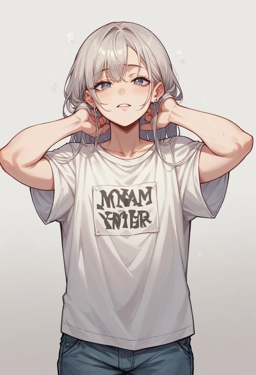 A 20-year-old girl wearing only a long white T-shirt、Loose, A large, lightweight T-shirt、Idol's face、White skin、Sexy clavicle、beautiful girl、From the knee up、(Very good)、(Big Breasts)、Big Breasts、(The outline of her nipples is clearly visible through her T-shirt.、Hard nipples)、Young Face、A park crowded with people、The T-shirt is loose and a glimpse of the chest is visible.。