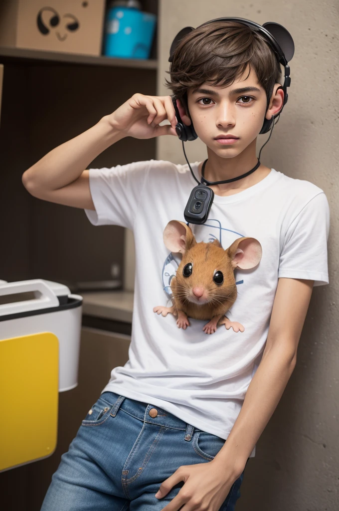 Rodrigo is a light brown mouse, with a slender body typical of a ager.
He has large curious eyes and ears that are slightly disproportionate to his head..
Wear a t-shirt printed with a winking emoji and faded jeans.
He always has a headset hanging around his neck and holds a cell phone with a colorful case..