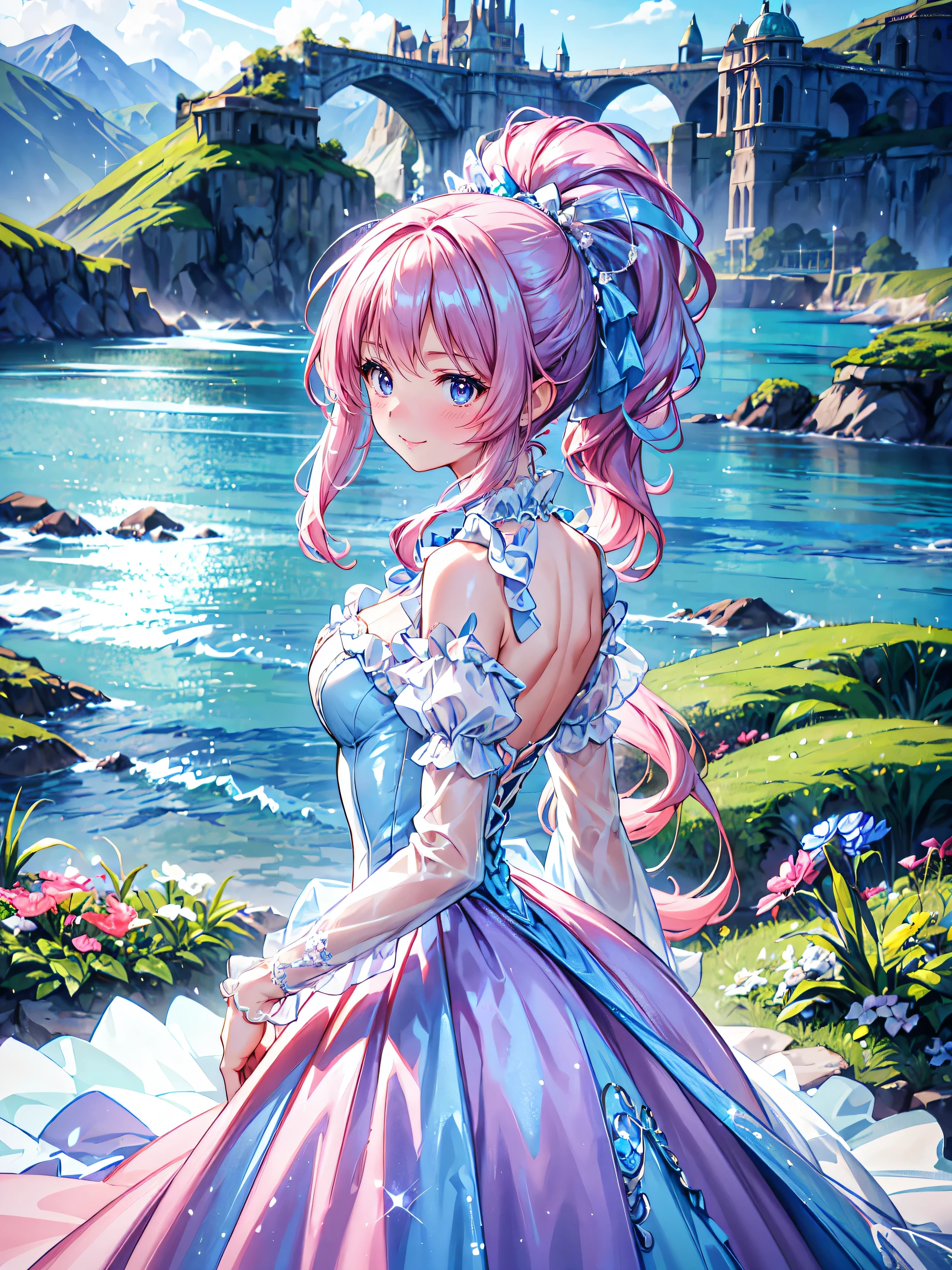 (((young face solo Captivating Adorable princess))), (((dress aquamarine dress)))), (((Unsurpassed gorgeous rococo victorian gown with voluminous  hoopskirt and long hems, princess style skirt))), (gown brilliances dazzlingly glitter reflective prismatic transparency gown:1.5), (gown ultra elaborate gown:1.5), (gown  gown:1.5),  (((huge breasts))), breasts focus, breasts cleavage, (hair pink hair:1.3), (((ponytail fluffy long ponytail))), ((Expressive hair)), very voluminous and very long hair, bangs, super delicate and beautiful face, beautiful lips, (hyper detail delicate beautiful eyes blue eyes), hair ornament silver ornament, beautiful smile, ((portrait:1.5, upper body:1.5, arched back:1.8, arms behind back:1.5, smile:1.1, looking at viewer:1.5, from side:1.5)), (((Masterpiece, Super detail, top quality, ultra high res, Spectacular Quality, Distinguished Quality, ultra detailed, unity 16k))), (coastal view:1.5), 