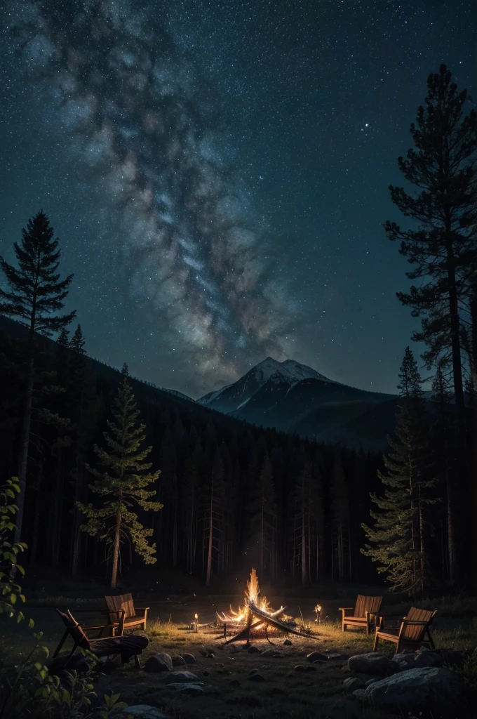 a mystical mountain landscape, a campfire, glowing fireflies, starry night sky, full moon, dense forest with trees and flowers, owls, a wolf, a cat, a UFO, large boulders, (best quality,4k,8k,highres,masterpiece:1.2),ultra-detailed,(realistic,photorealistic,photo-realistic:1.37),cinematic lighting,fantasy,concept art,moody atmosphere,vibrant colors
