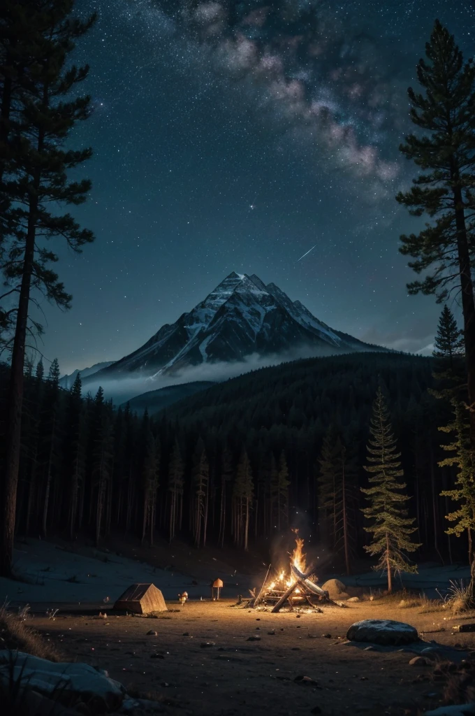 a mystical mountain landscape, a campfire, glowing fireflies, starry night sky, full moon, dense forest with trees and flowers, owls, a wolf, a cat, a UFO, large boulders, (best quality,4k,8k,highres,masterpiece:1.2),ultra-detailed,(realistic,photorealistic,photo-realistic:1.37),cinematic lighting,fantasy,concept art,moody atmosphere,vibrant colors