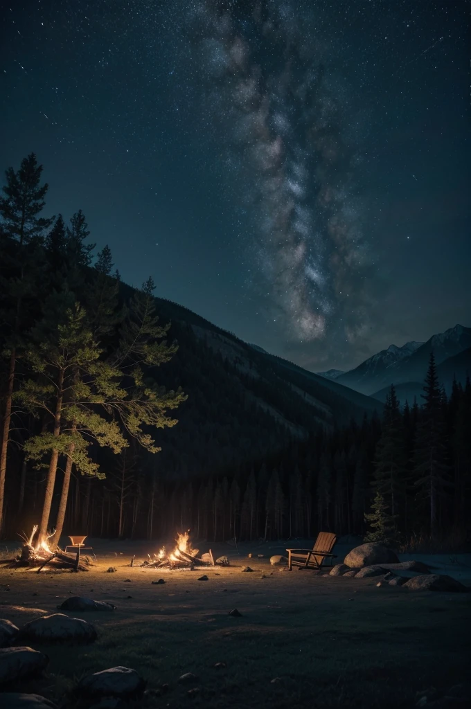 a mystical mountain landscape, a campfire, glowing fireflies, starry night sky, full moon, dense forest with trees and flowers, owls, a wolf, a cat, a UFO, large boulders, (best quality,4k,8k,highres,masterpiece:1.2),ultra-detailed,(realistic,photorealistic,photo-realistic:1.37),cinematic lighting,fantasy,concept art,moody atmosphere,vibrant colors