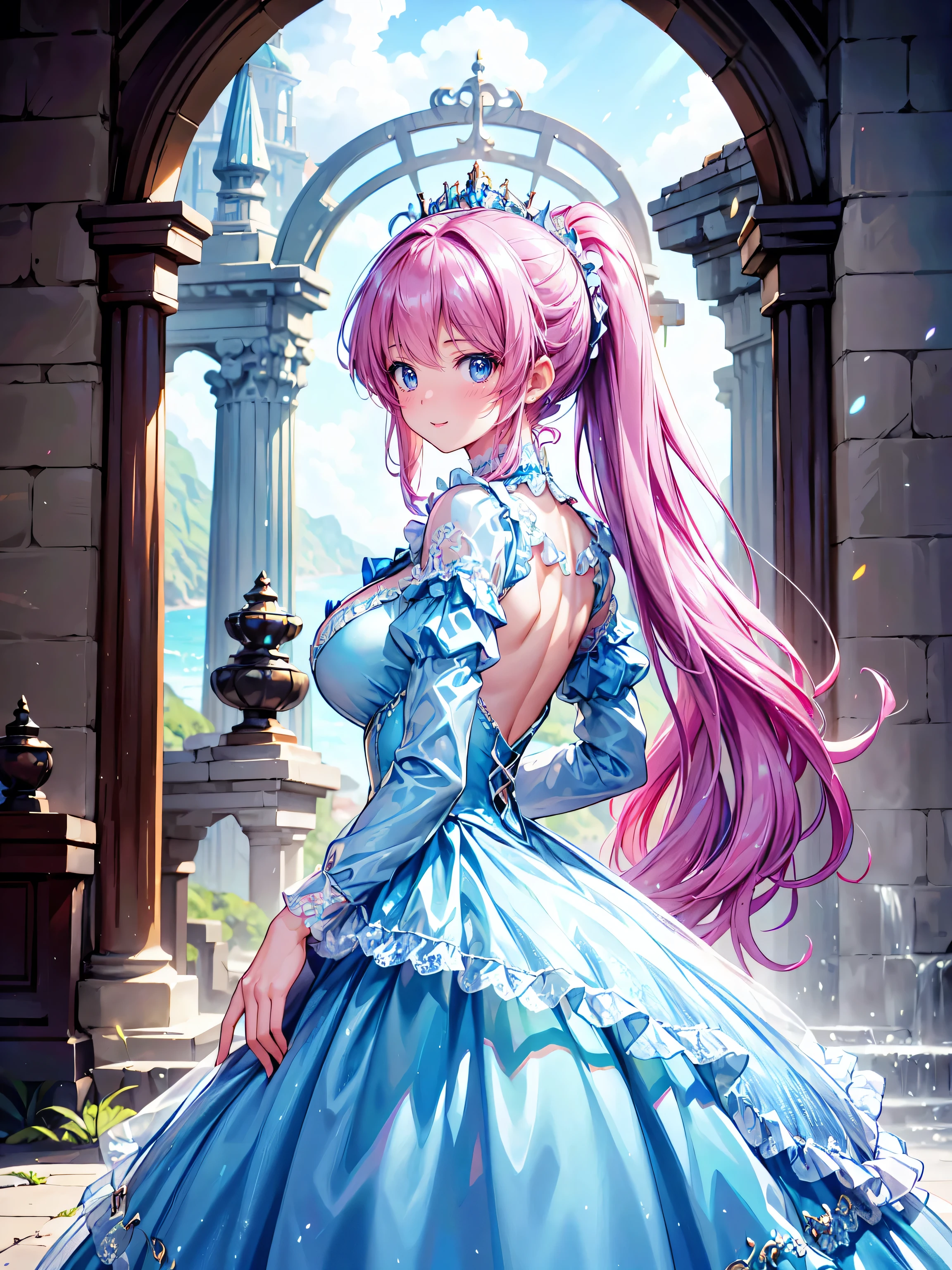 (((young face solo Captivating Adorable princess))), (((dress aquamarine dress)))), (((Unsurpassed gorgeous rococo victorian gown with voluminous  hoopskirt and long hems, princess style skirt))), (gown brilliances dazzlingly glitter reflective prismatic transparency gown:1.5), (gown ultra elaborate gown:1.5), (gown  gown:1.5),  (((huge breasts))), breasts focus, breasts cleavage, (hair pink hair:1.3), (((ponytail fluffy long ponytail))), ((Expressive hair)), very voluminous and very long hair, bangs, super delicate and beautiful face, beautiful lips, (hyper detail delicate beautiful eyes blue eyes), hair ornament silver ornament, beautiful smile, ((portrait:1.5, upper body:1.5, arched back:1.8, arms behind back:1.5, smile:1.1, looking at viewer:1.5, from side:1.5)), (((Masterpiece, Super detail, top quality, ultra high res, Spectacular Quality, Distinguished Quality, ultra detailed, unity 16k))), (coastal view:1.5), 