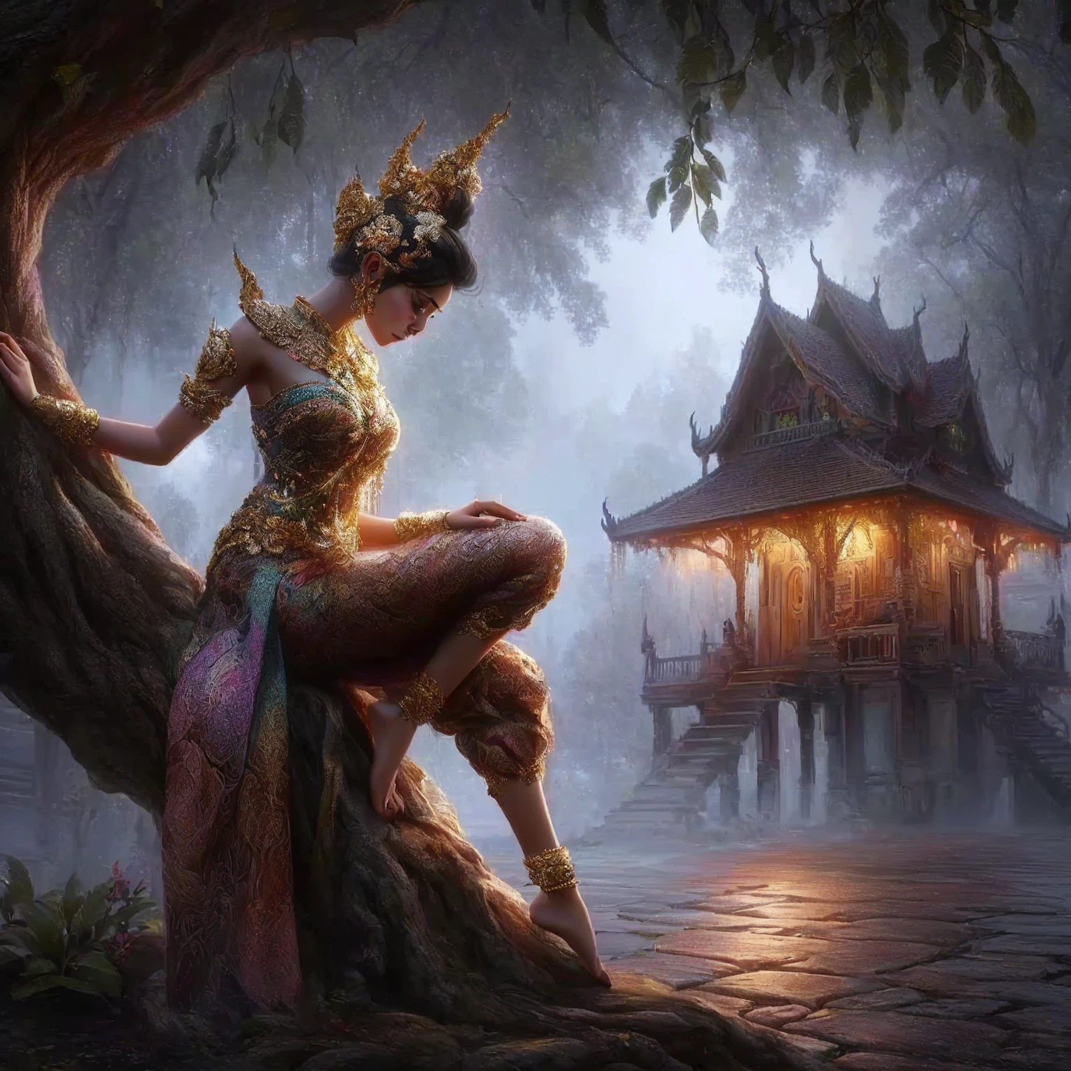 Painting of a woman sitting on a tree in front of a house, Thiti Luatthong, Thai art, Amazing 8k artwork, Beautiful digital artwork, 4k fantasy art, Amazing fantasy art, 8k fantasy art, beautiful fantasy art, Fantasy behavior, By Rudy Sisvanto, Highly detailed 4k digital art., fantasy style art