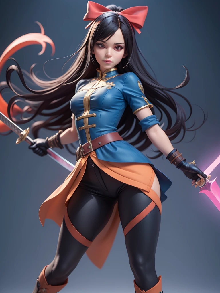 female mascot, small, , Ray-tracing, Waist slender, small, with ancient clothes, detailed, Russian robes, warm clothing, hot pants e botas, with sword in hand, futuristic gun pointing left, pose to the left, detailed doom style sword, large sword with different colors, futuristic sword, cintura small, complex light, cyberpunk sword in hand, sock with horizontal stripes in two colors up to the thigh, complex light, wool, pants with many folds, exclusive gloves, dynamic position, dark look, dark look, giant sword in hand, attacking, belts around the waist, detailed hem, giant laser sword, dark look, shorts, Darkening, Eyes red, Traits I didn't bring, prints, big thorns bracelet, shorth hair, Power spells,High subsurface, High subsurface, occlusion environment, ((dark look)), dark look, black costumes, shorth hair, big gloves, Bodysuit, (tied hair), hair divided into two, full-body vision, hair tied with ribbons and large bows, joelheiras detailed, ((blackquality hair)), ((blue short dress with stylish rip at the waist)),mortal kombat, detailed top, shoulder pads rich in details, Thigh-high boots, hair divided into two, stamped, red details,((sexy)),((peitões))