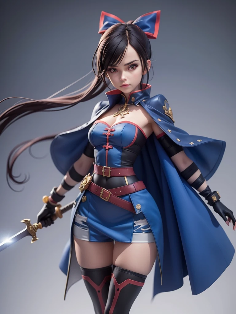 female mascot, small, , Ray-tracing, Waist slender, small, with ancient clothes, detailed, Russian robes, warm clothing, hot pants e botas, with sword in hand, futuristic gun pointing left, pose to the left, detailed doom style sword, large sword with different colors, futuristic sword, cintura small, complex light, cyberpunk sword in hand, sock with horizontal stripes in two colors up to the thigh, complex light, wool, pants with many folds, exclusive gloves, dynamic position, dark look, dark look, giant sword in hand, attacking, belts around the waist, detailed hem, giant laser sword, dark look, shorts, Darkening, Eyes red, Traits I didn't bring, prints, big thorns bracelet, shorth hair, Power spells,High subsurface, High subsurface, occlusion environment, ((dark look)), dark look, black costumes, shorth hair, big gloves, Bodysuit, (tied hair), hair divided into two, full-body vision, hair tied with ribbons and large bows, joelheiras detailed, ((blackquality hair)), ((blue short dress with stylish rip at the waist)),mortal kombat, detailed top, shoulder pads rich in details, Thigh-high boots, hair divided into two, stamped, red details,((sexy)),((peitões))