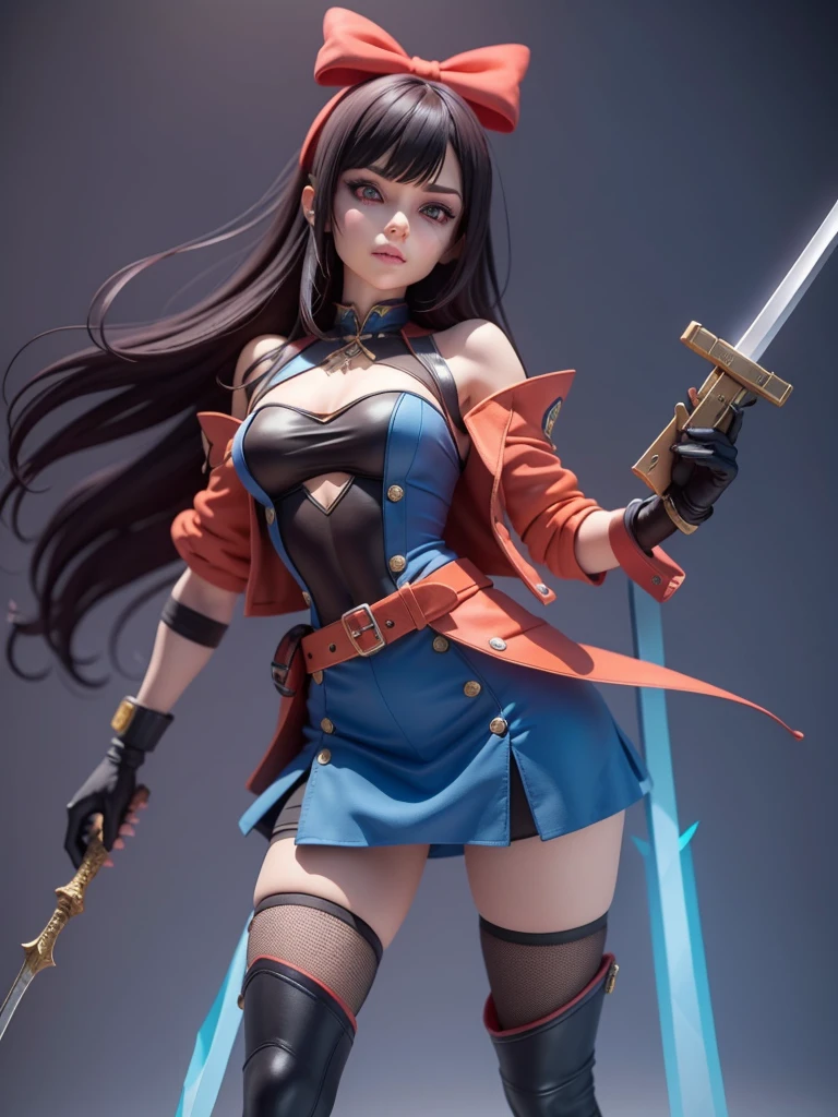 female mascot, small, , Ray-tracing, Waist slender, small, with ancient clothes, detailed, Russian robes, warm clothing, hot pants e botas, with sword in hand, futuristic gun pointing left, pose to the left, detailed doom style sword, large sword with different colors, futuristic sword, cintura small, complex light, cyberpunk sword in hand, sock with horizontal stripes in two colors up to the thigh, complex light, wool, pants with many folds, exclusive gloves, dynamic position, dark look, dark look, giant sword in hand, attacking, belts around the waist, detailed hem, giant laser sword, dark look, shorts, Darkening, Eyes red, Traits I didn't bring, prints, big thorns bracelet, shorth hair, Power spells,High subsurface, High subsurface, occlusion environment, ((dark look)), dark look, black costumes, shorth hair, big gloves, Bodysuit, (tied hair), hair divided into two, full-body vision, hair tied with ribbons and large bows, joelheiras detailed, ((blackquality hair)), ((blue short dress with stylish rip at the waist)),mortal kombat, detailed top, shoulder pads rich in details, Thigh-high boots, hair divided into two, stamped, red details,((sexy)),((peitões))
