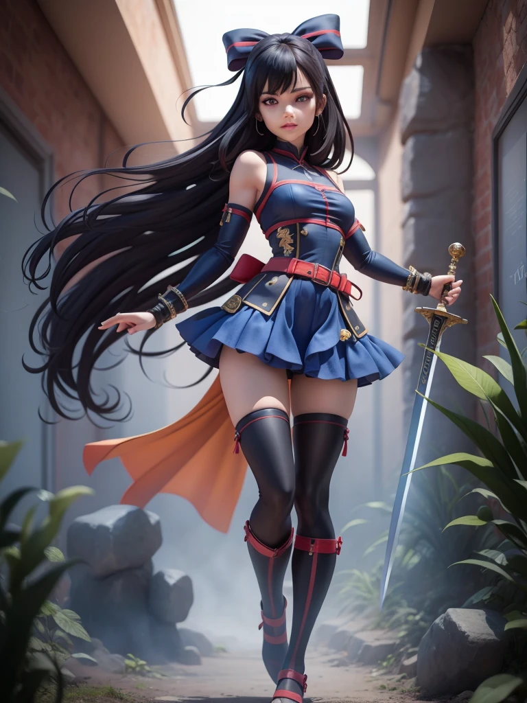 female mascot, small, , Ray-tracing, Waist slender, small, with ancient clothes, detailed, Russian robes, warm clothing, hot pants e botas, with sword in hand, futuristic gun pointing left, pose to the left, detailed doom style sword, large sword with different colors, futuristic sword, cintura small, complex light, cyberpunk sword in hand, sock with horizontal stripes in two colors up to the thigh, complex light, wool, pants with many folds, exclusive gloves, dynamic position, dark look, dark look, giant sword in hand, attacking, belts around the waist, detailed hem, giant laser sword, dark look, shorts, Darkening, Eyes red, Traits I didn't bring, prints, big thorns bracelet, shorth hair, Power spells,High subsurface, High subsurface, occlusion environment, ((dark look)), dark look, black costumes, shorth hair, big gloves, Bodysuit, (tied hair), hair divided into two, full-body vision, hair tied with ribbons and large bows, joelheiras detailed, ((blackquality hair)), ((blue short dress with stylish rip at the waist)),mortal kombat, detailed top, shoulder pads rich in details, Thigh-high boots, hair divided into two, stamped, red details,((sexy)),((peitões))