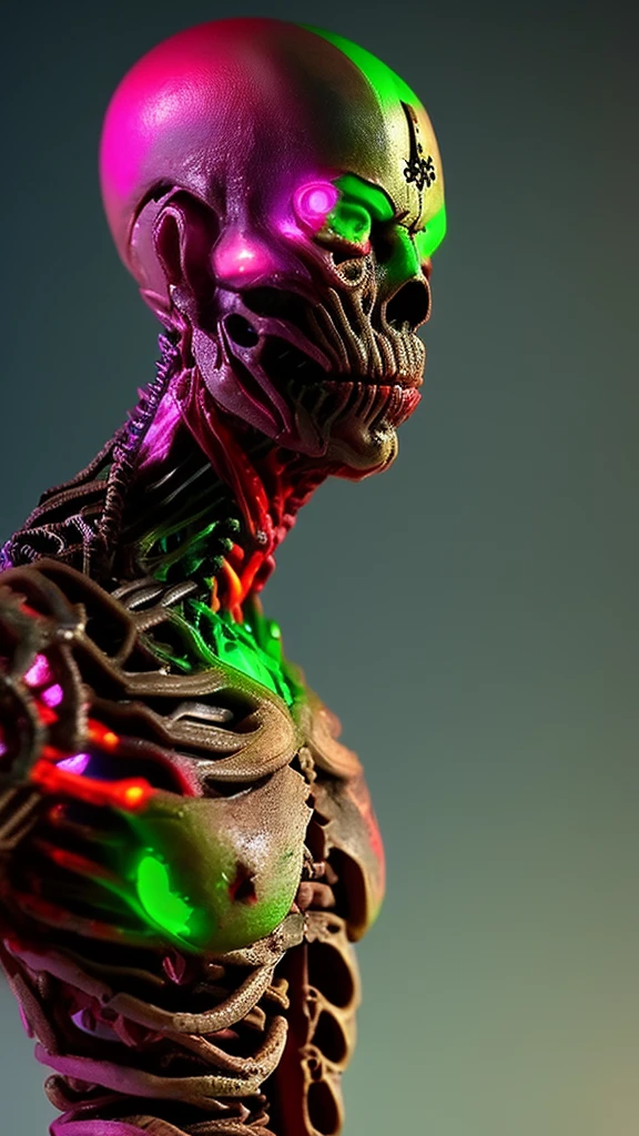 3D Rendering、Toy、Full body image、Action Figures、1/6 Scale、12 inch size、Bad guy、artificial human world、(((The whole body is asymmetrical)))、The right half of the body is mechanical、Steampunk Style、Some parts glow in neon colors、(((The left side of the body is a creepy body with arteries and veins protruding)))、Unclean and unpleasant skin、Scary look、(((Full body image)))