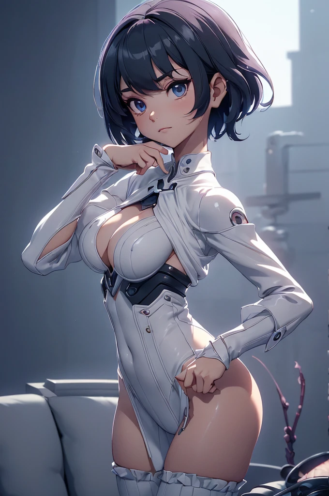 Mini Ghost in the Shell, (Ghost in the Shell), solo, ray tracing, 3D style, 3DMM, ((oses per photo)), ((oses ouch cada foto)), fully body,(Front view),(Costas Issue), (Emist on the left), show flat belly, (((oses per photo))),(very big breastsperfect ass, perfect and symmetrical eyes, (perfect handuturistic sword in hand)), ((short hair)),((Open wizard clothes)),white clothing with textured edges, skin fair, luouchas detalhadas, White thigh-high tights with trim, ouchestido aberto ouch "ouch", Waist slender, big legs, low water, Show legs to the top of the waist, (broken fabric falling over the legs),((open top)),ultra realistic skin, realistic human eyes,ultra realistic skin,((striped shirt)),super sensual suit, colorfully,top with ruffles,(pubis with a lot of volume),(extremely sensual),(very sensual),(((very detailed high level lighting))),(((raytracing))),(((couchstic effect))),(((bodysuit open to the waist)))