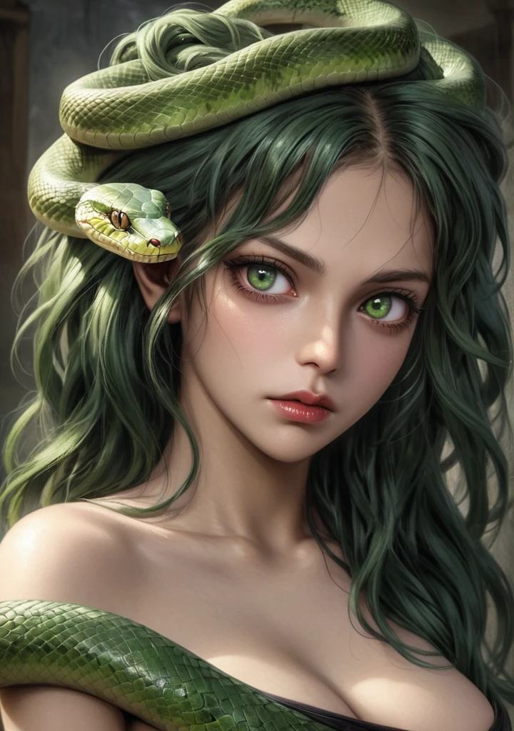 Medusa, Greek mythology, a sensual and dangerous woman, green skin, serpent eyes, piercing eyes, with live snakes for hair, skin covered in scales, medium breasts, realism, high definition, hdr, 4k, realism, ultra realistic , body from the waist up