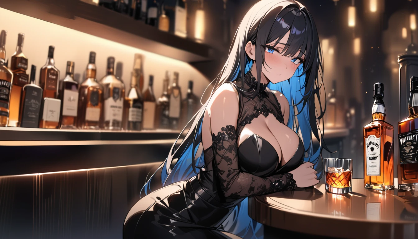(masterpiece), (best quality), (Clear focus), (Depth of Field), (woman): Solitary, (Perfect face), (Detailed clothing), (Busty),(Sad expression), beautiful woman, blue eyes, black hair, Long hair, (Black sexy black skirt) (((((Night scene background))))), (((at the bar))), wine, whiskey, High ball,(Shiny and glowing, Effect:1.2)