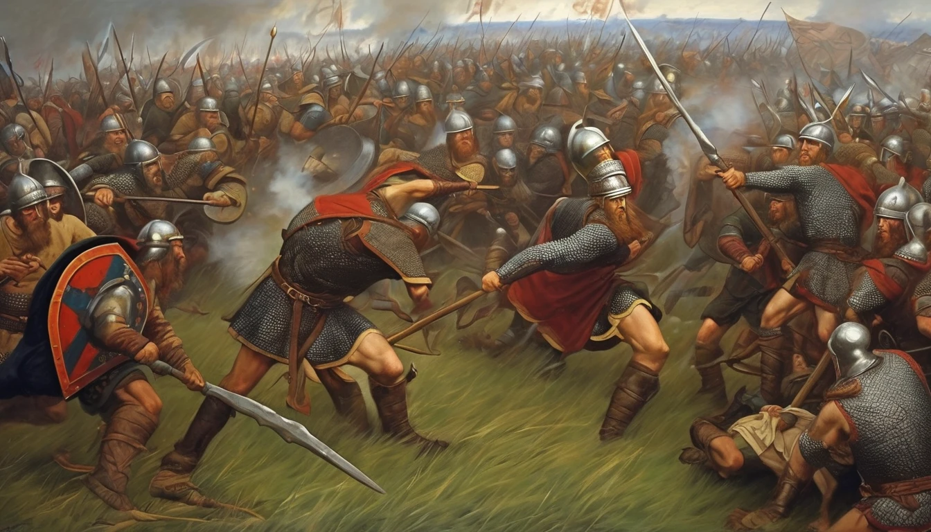 Oil painting, 9th century, European battlefield, (Viking army vs European army)