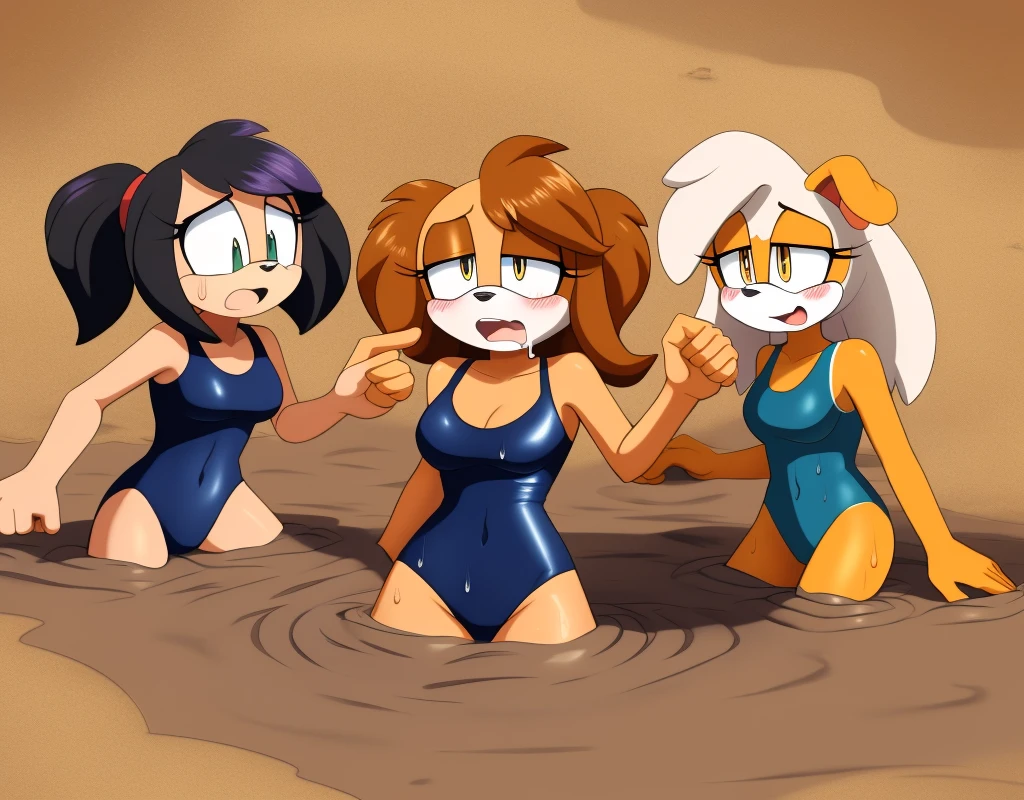 Mobian girls, best quality, HD, full body, sexy breasts, borzoi girl, cocker spaniel girl, dashund girl. old school swimsuit, swimsuit, wet, blush, 5girls, group peril, multiple girls, tentacles, 5 girls together, hair, 5girls wading, 5girls in quicksand, hair, tentacles pit, dripping, hair, short hair, twintails, tightspace, group, multiple girls, open mouth, masterpiece, wamudraws, sad, one-piece swimsuit, quicksand, sinking, 5 girls in quicksand, scream