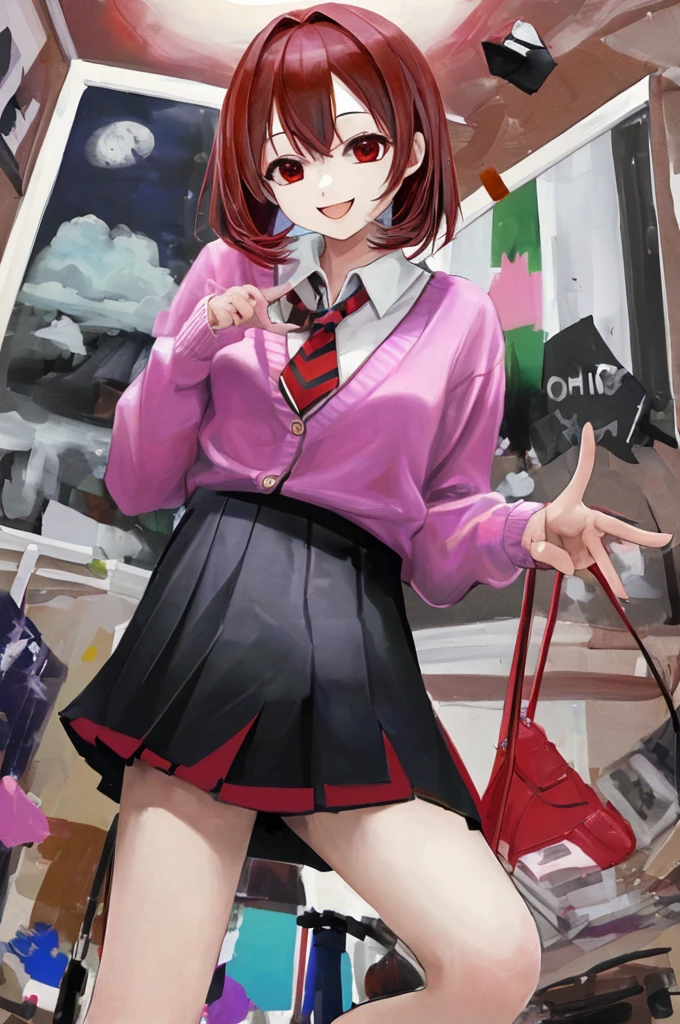 (The ultimate masterpiece), (Ultra HD), (Ultra-fine), High resolution, Ultimate beauty, High chroma, vivid,Girl,(pretty girl), Thighs, (cardigan), (skirt), Super Smile, Red hair,ショートBob,(Bob),Red Eyes ,Small breasts, Cute room,put one's hand between one's thighs