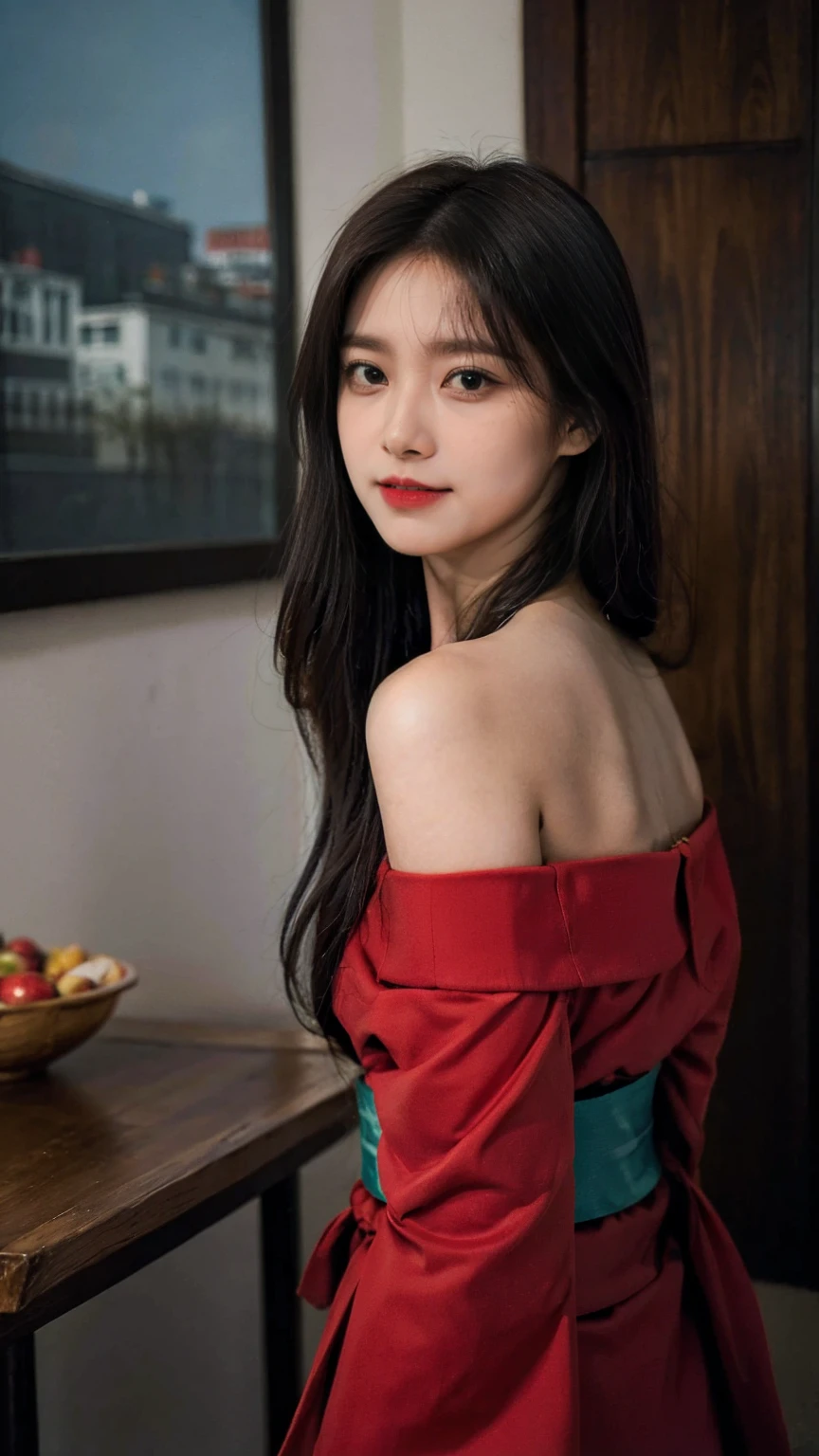An unbeatable masterpiece, Ultra-photorealism, Perfect artwork, Intricate details, Highest quality, Strong light,High Contrast, Tabletop , Highest quality , Official Art ,Highly detailed CG Unity 8k wallpaper ,One girl , alone , Realistic , compensate , High resolution , Esbian all over , Displaying the viewer , smile, bangs , Bare shoulders , Brown Hair ,crossed bangs , Hair between the eyes , Japanese style costume , Komono , length ,mask , 頭にmask , Cropped shoulders , Lips parted , Red eyes , Red kimono , 赤いribbon ,ribbon , sash , Sky Porn , alone , ストライプribbon ,Taihou \(Reynel Blue) , Double Tail , Very hairy , Wide sleeves , (Shiny skin) ,