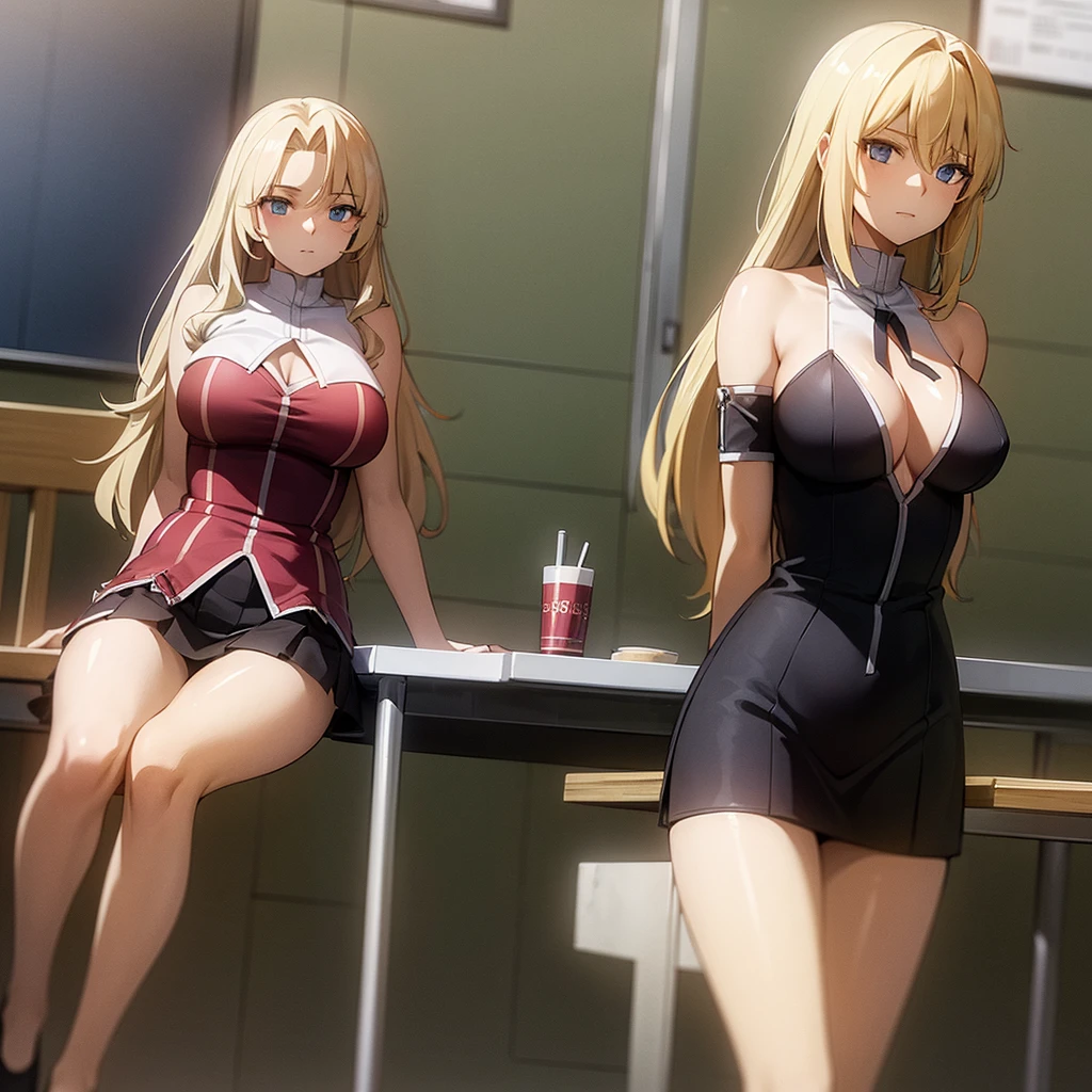 3 female students wear bare shoulders to school ， Blonde beauty with long flowing hair and beautiful legs 