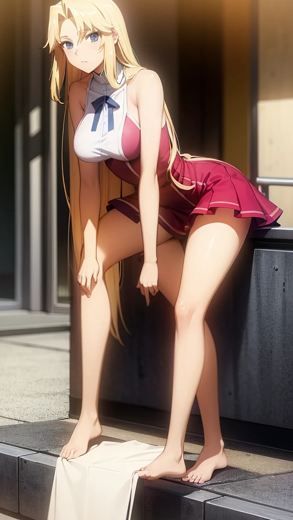 3 female students wear bare shoulders to school , Blonde beauty with long flowing hair and beautiful legs