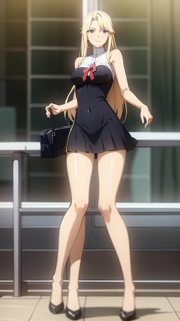 3 female students wear bare shoulders to school , Blonde beauty with long flowing hair and beautiful legs
