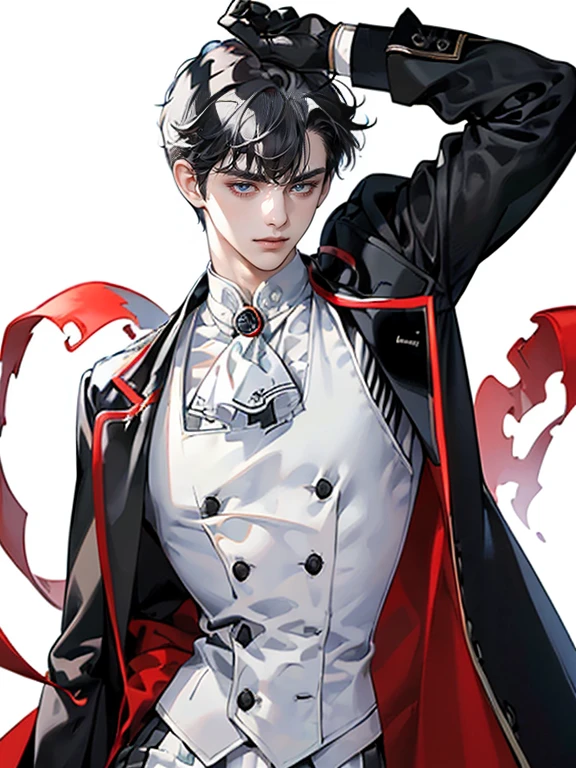 masterpiece, Highest quality, High resolution, detailed, figure, (Blank Background:2),(White background:2), (No background:2),(male:1.5)、human、(Upper Body:1.5)、(Draw to fit within the frame、Draw to fit on campus)、(Butler:1.5), Delicate eyes and a delicate face, Extremely detailed CG, unity 8k wallpaper, Intricate details, detailedな顔, Written boundary depth, Dramatic Shadows, Ray Tracing, Highest quality, Portrait Photography、smile、Red nose,Black tailcoat、White gloves、(Black Hair:1.5)、(Short hair with bangs up:1.5)、cool、Handsome、(Standing facing forward:1.5)、Facing the camera、