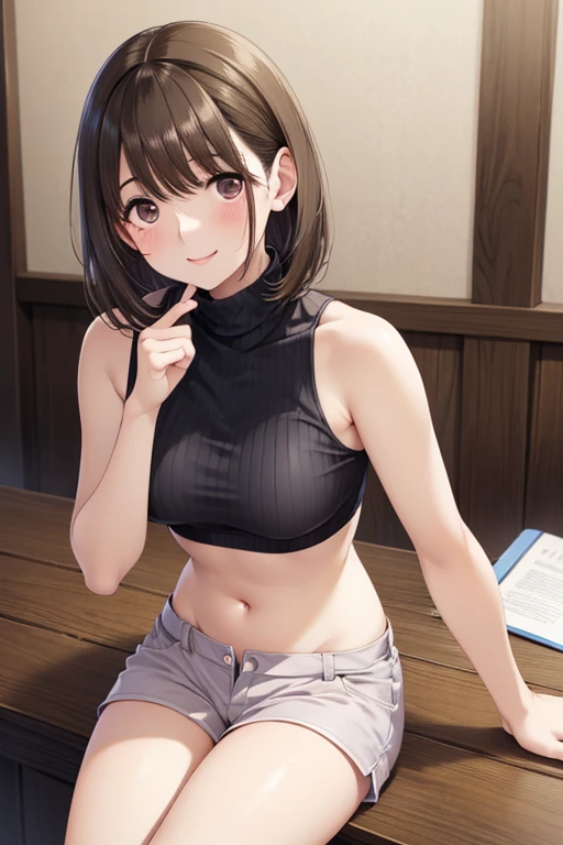 
anegasaki nene、Shiny brown hair, short hair, Beautiful brown eyes、smile、Sparkling eyes, (Fine grain)、Super detailedな目、Highly detailed face, Highly detailed eyes,

masterpiece、High resolution、16K、Tabletop, Highest quality, figure, Super detailed, In detail, High resolution, 8k wallpaper, Perfect dynamic composition、


Cute 27 year old girl、Beautiful face in every detail、Cute droopy eyes with attention to detail、Textured skin、Blushed、Embarrassing、 (Short Hair:1.3)、Small breasts,、Bold sexy pose、smile、(No sleeve、Navel Fit Turtleneck)、hot pants、
