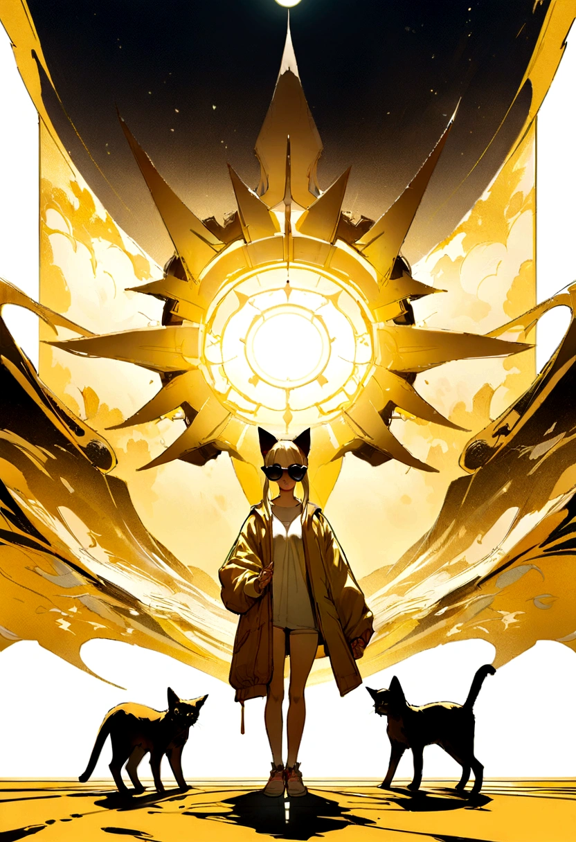 Perfect centering, A cute kitten all over, Wear a student jacket, Wearing sunglasses, Standing position, Abstract beauty, Centered, Looking at the camera, Facing the camera, nearing perfection, Dynamic, Moonlight, Highly detailed, Digital painting, art stations, concept-art, smooth, Sharp focus, 8K, high definition resolution, illustration, White background, yellow theme colored