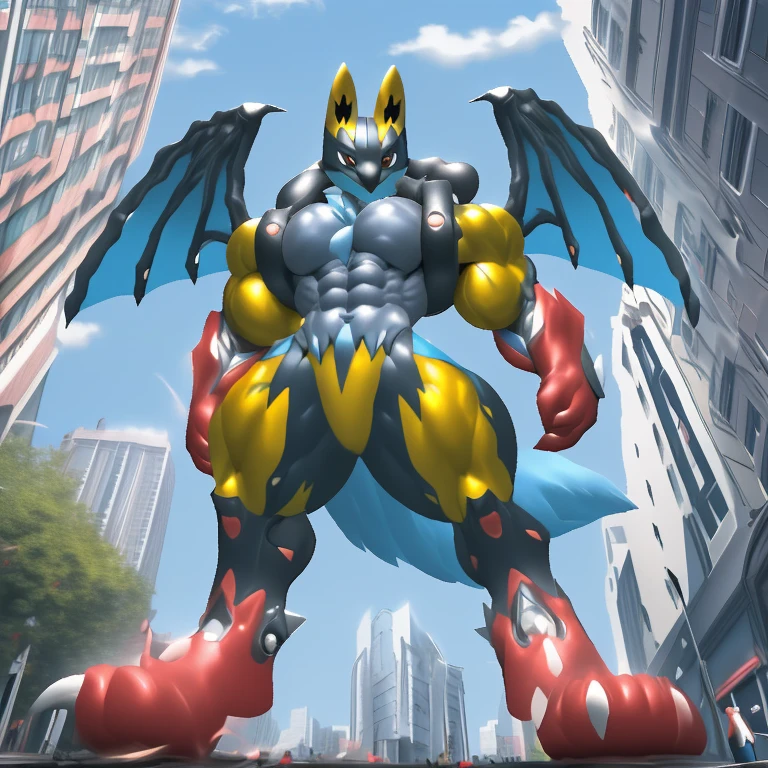 (Solo. masterpiece. official art. 8k. best quality. detailed full body. full body.)
(situation 1 : dominating Shiny_Mega_Lucario. Shiny_Mega_Lucario is over 1000 meters long. focus GIANT mechanical Muscular Shiny_Mega_Lucario is trampling the city. Looking down. macro. stomp. Low-angle perspective. emphasizing the immense size. He is much bigger than a skyscraper. Giga Giants. looking down. foot focus, (soles:1.2))
(situation 2 :smoke and flames rising from the destruction in the city)
(Additional details 2: (Detailed head. Detailed Body. Detailed abs. gigantic muscles. HYPER MUSCLES. Gigachad Muscular. big muscle. pecs. triceps. traps. unusually developed muscular body. body full of huge muscles. showing off muscles. pectorales enormes. Exaggeratedly huge muscles. huge muscles. long legs. abs.).
(Additional details 3: Spread wings. It has wings. have big wings. The claws are sharp. Sharp teeth.).
(Additional details 4: golden hyper penis. hyper golden penis. big penis)