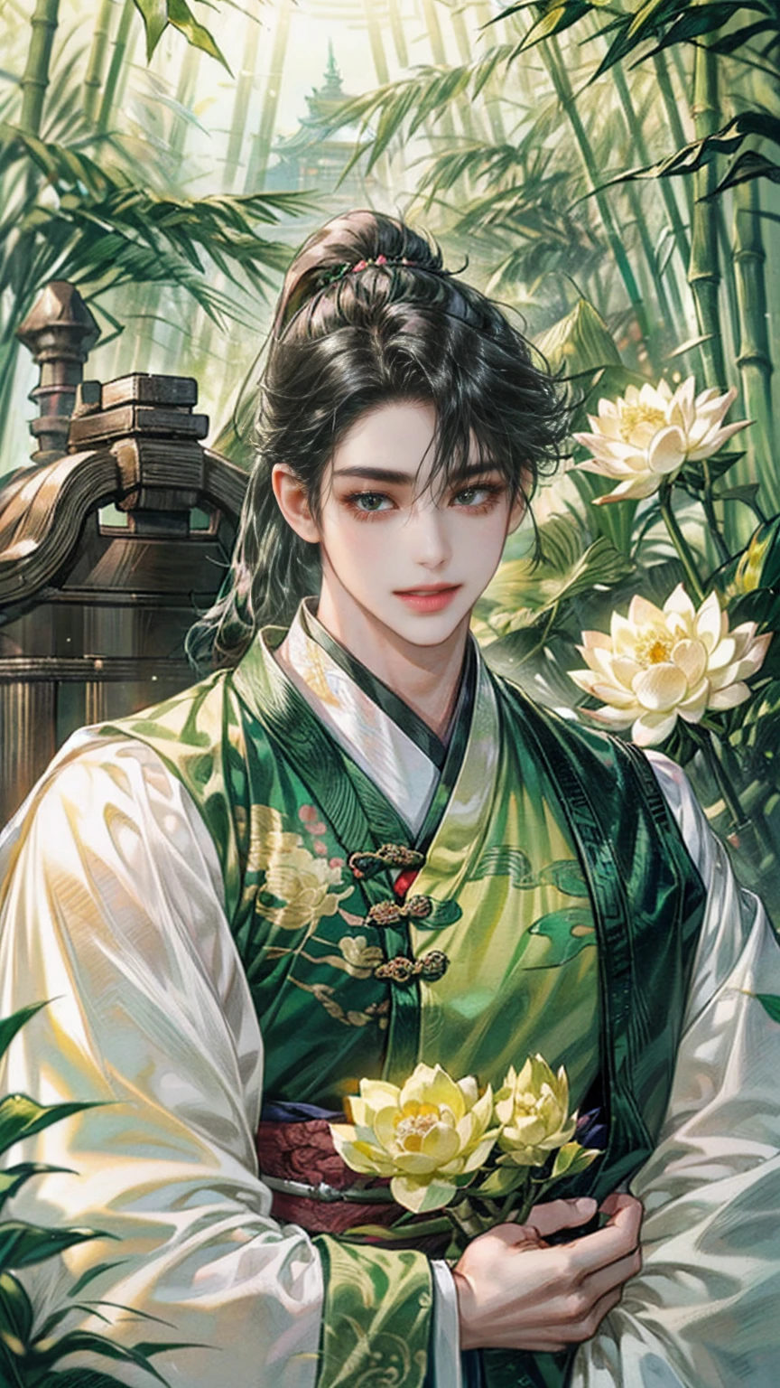 (((best quality))),masterpiece,ultra high resolution,extraordinarily beautiful youth, a bright, innocent smile,All green clothing,((boy 24 year old, green hanfu,green clothing, Chinese shirt style)) ,boy character ,((Thick black long hair)),beautiful face,detailed interior, detailed boy,((man)),(in bamboo forest), house China style, pure white lotus,beautiful and cute boy ,black eyes,((solo man)),(he has a Big eyes, charming lips, slim nose and small face),(slim figures ),ponytail and 冠, Hiogi fan,Japanese fan 