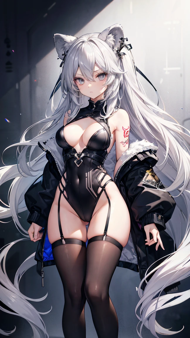 High resolution、Girl、Silver Hair、Long Hair,(),Lion ears、Grey Eyes、Slender、Toned body,,Landmine fashion,,Tattoo,